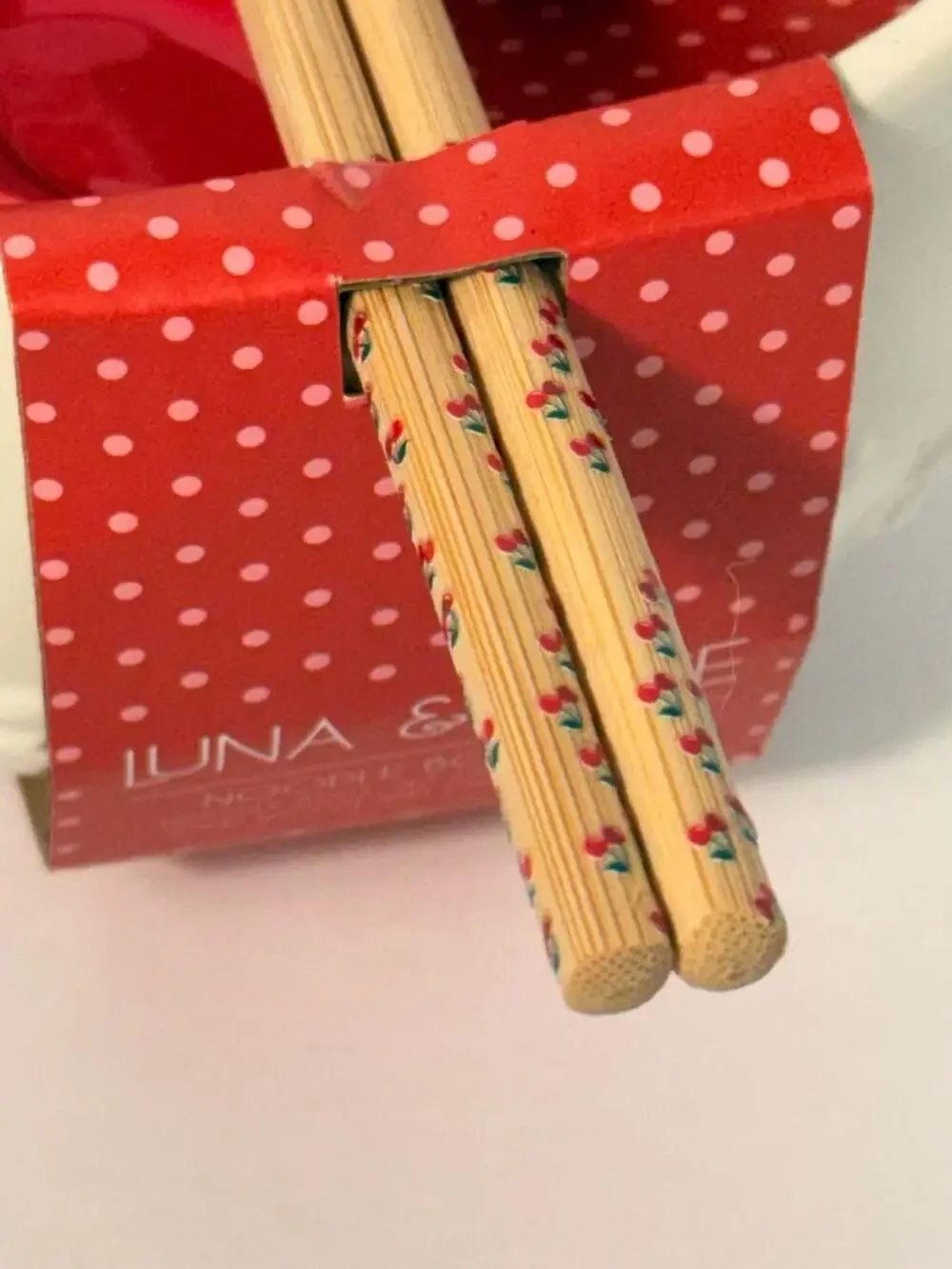NWT Luna & Sage Cherry Motif Noodle Bowl Set with Spoon and Chopstick Rest